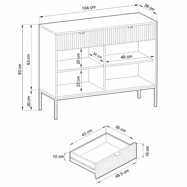 Commode NANAIMO KSZ104 - Verte - Poignées dorées - 2 tiroirs - Largeur 104 cm, Hauteur 83 cm, Profondeur 39 cm – Image 3
