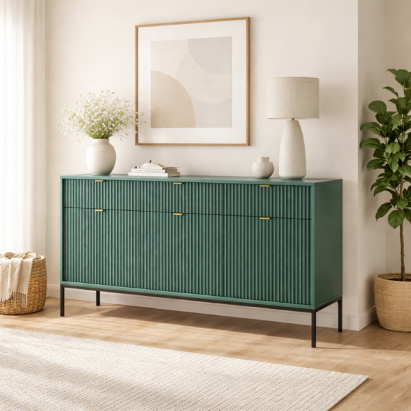 Commode NANAIMO KSZ154 - Verte - Poignées dorées - 3 tiroirs - Largeur 154 cm, Hauteur 83 cm, Profondeur 39 cm – Image 2