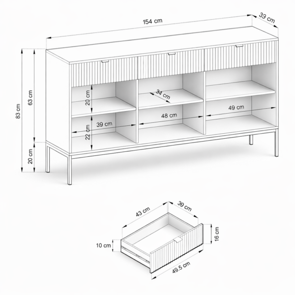 Commode NANAIMO KSZ154 - Verte - Poignées dorées - 3 tiroirs - Largeur 154 cm, Hauteur 83 cm, Profondeur 39 cm – Image 3