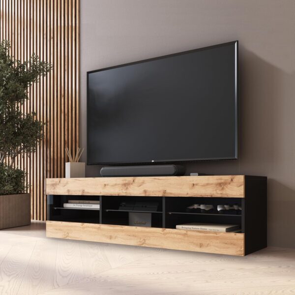 Banc TV Tivoli, Wotan Noir, Largeur 140 cm x Hauteur 40,5 cm x Profondeur 35,5 cm, sans LED – Image 7