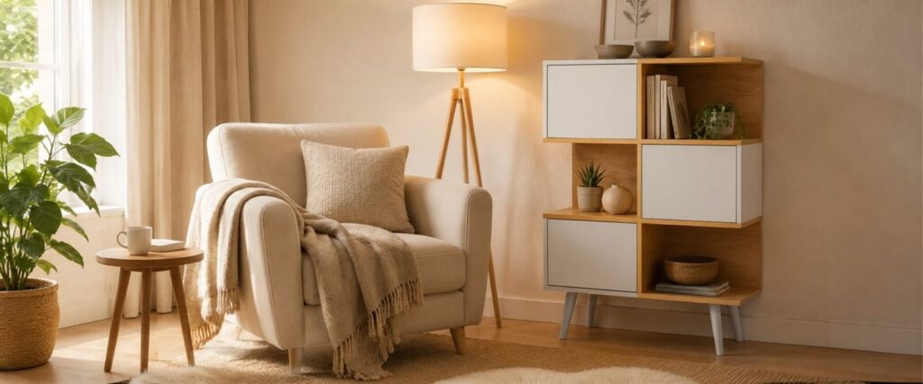 Coin détente de style boho avec fauteuil beige, plaid, lampe chaleureuse, plantes et bibliothèque Forio en bois et blanc.