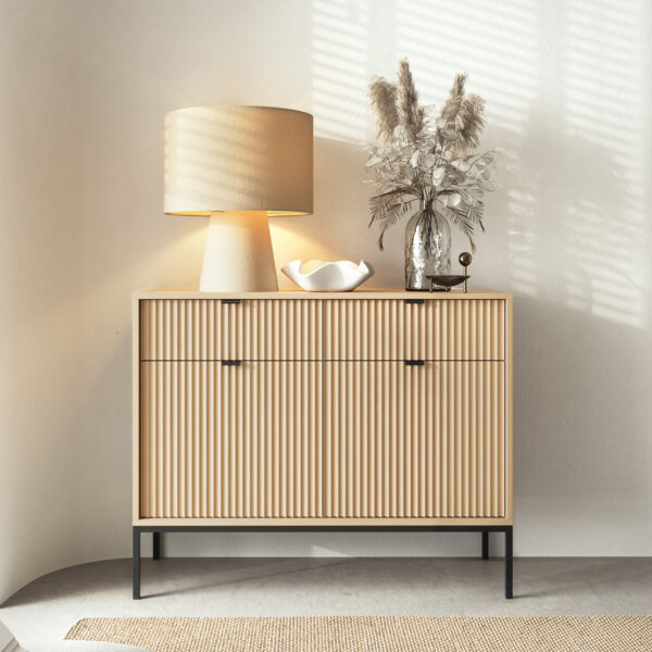 Commode NANAIMO KSZ104 - Couleur Chêne - Poignées Noires - 2 Tiroirs - Largeur 104 cm, Hauteur 83 cm, Profondeur 39 cm – Image 2