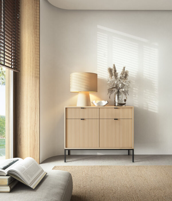 Commode NANAIMO KSZ104 - Couleur Chêne - Poignées Noires - 2 Tiroirs - Largeur 104 cm, Hauteur 83 cm, Profondeur 39 cm – Image 6