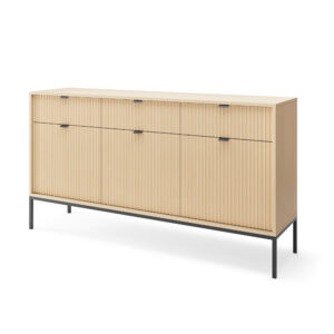 Commode NANAIMO KSZ154 - Couleur Chêne - Poignées Noires - 3 Tiroirs - Largeur 154 cm, Hauteur 83 cm, Profondeur 39 cm