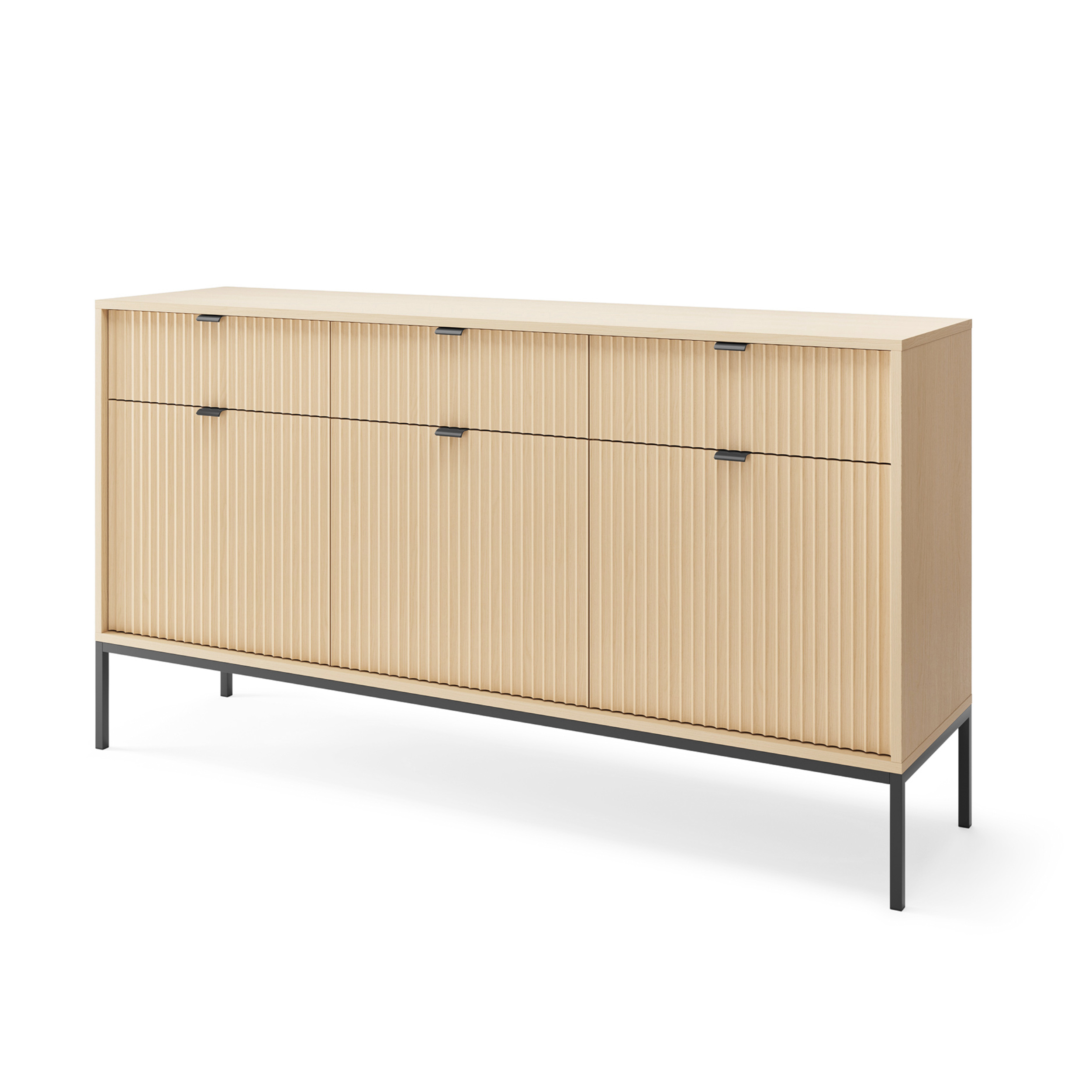 XMEBSKRKOMPI02901603_00-2.jpg Commode NANAIMO KSZ154 - Couleur Chêne - Poignées Noires - 3 Tiroirs - Largeur 154 cm, Hauteur 83 cm, Profondeur 39 cm – Image 1