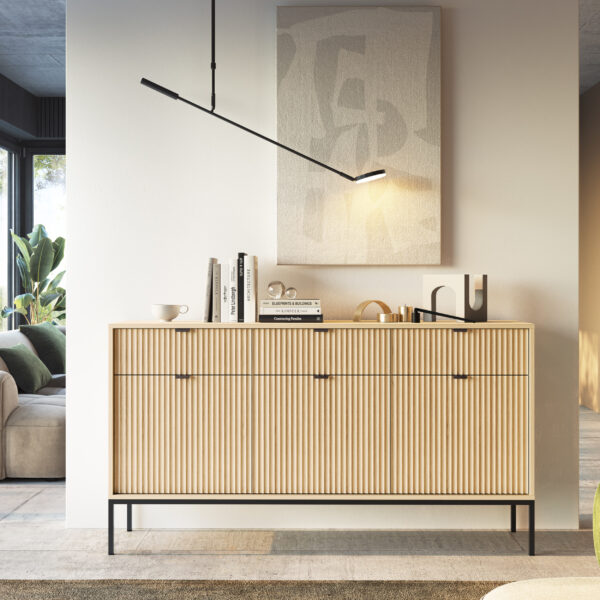 Commode NANAIMO KSZ154 - Couleur Chêne - Poignées Noires - 3 Tiroirs - Largeur 154 cm, Hauteur 83 cm, Profondeur 39 cm – Image 2
