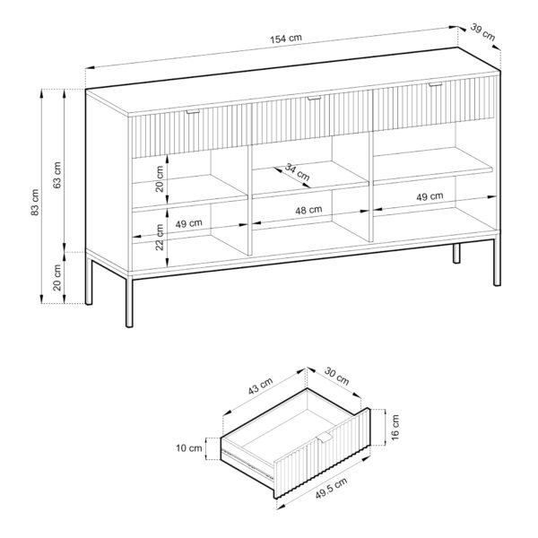 Commode NANAIMO KSZ154 - Couleur Chêne - Poignées Noires - 3 Tiroirs - Largeur 154 cm, Hauteur 83 cm, Profondeur 39 cm – Image 3