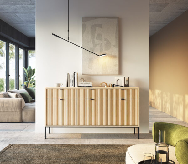 Commode NANAIMO KSZ154 - Couleur Chêne - Poignées Noires - 3 Tiroirs - Largeur 154 cm, Hauteur 83 cm, Profondeur 39 cm – Image 6