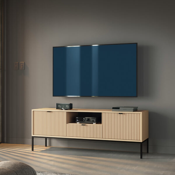 Meuble TV NANAIMO - Couleur Chêne - Poignées Noires - Largeur 154 cm, Hauteur 56 cm, Profondeur 39 cm – Image 2