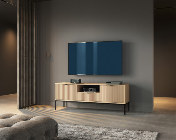 Meuble TV NANAIMO - Couleur Chêne - Poignées Noires - Largeur 154 cm, Hauteur 56 cm, Profondeur 39 cm – Image 6