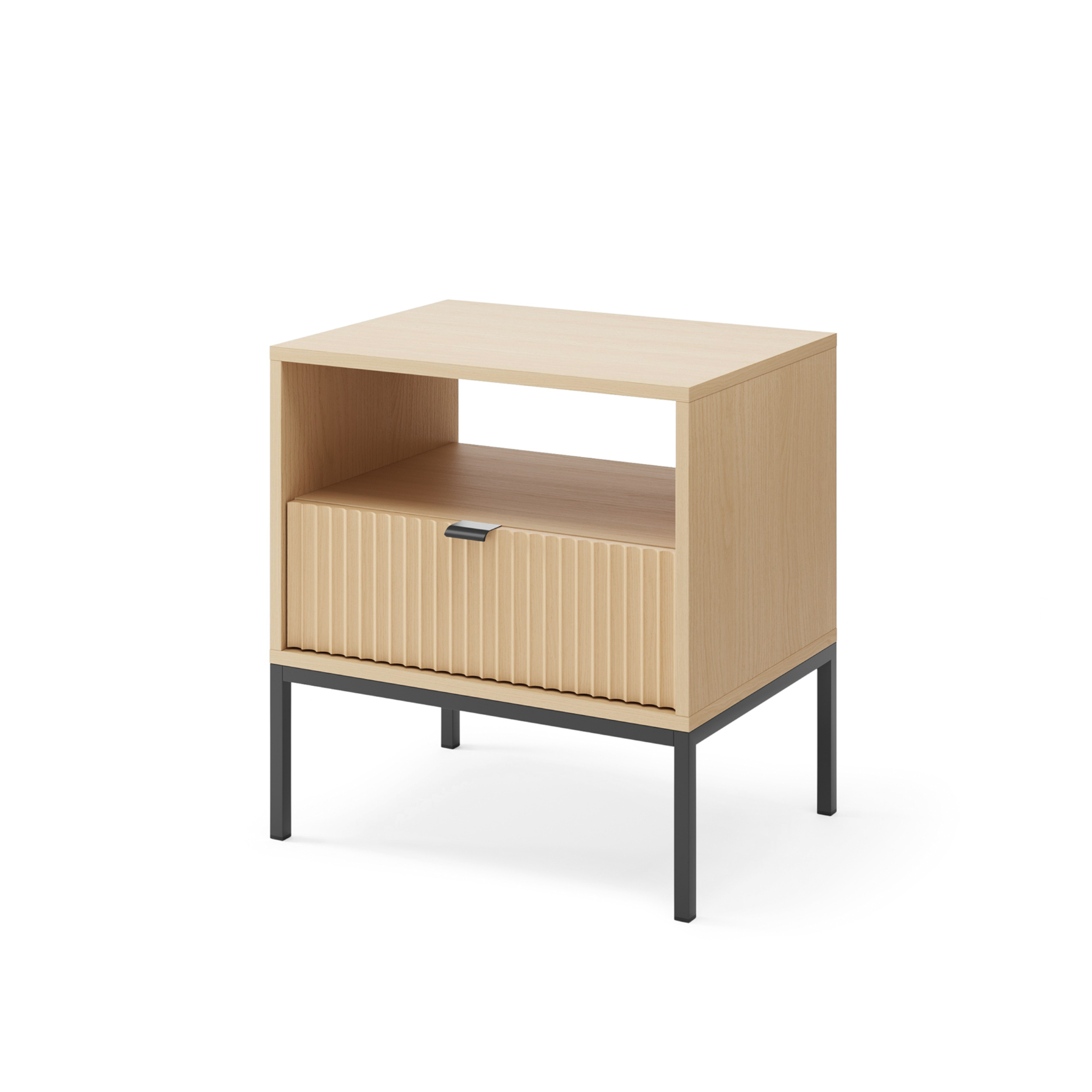 XMEBSKRSTOPI01001602_00-2.jpg Table de nuit NANAIMO - Couleur Chêne - Poignées Noires - Avec Tiroir - Largeur 54 cm, Hauteur 56 cm, Profondeur 39 cm – Image 1