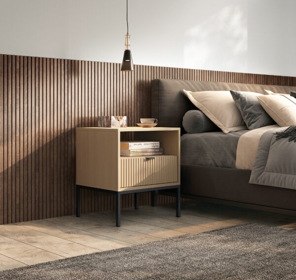 Table de nuit NANAIMO - Couleur Chêne - Poignées Noires - Avec Tiroir - Largeur 54 cm, Hauteur 56 cm, Profondeur 39 cm – Image 6