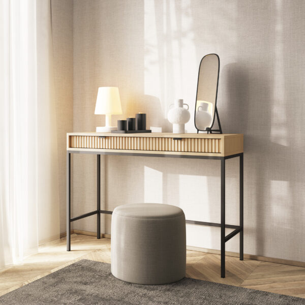 Table de nuit NANAIMO - Couleur Chêne - Poignées Noires - Deux Tiroirs - Largeur 104 cm, Hauteur 77 cm, Profondeur 50 cm – Image 2