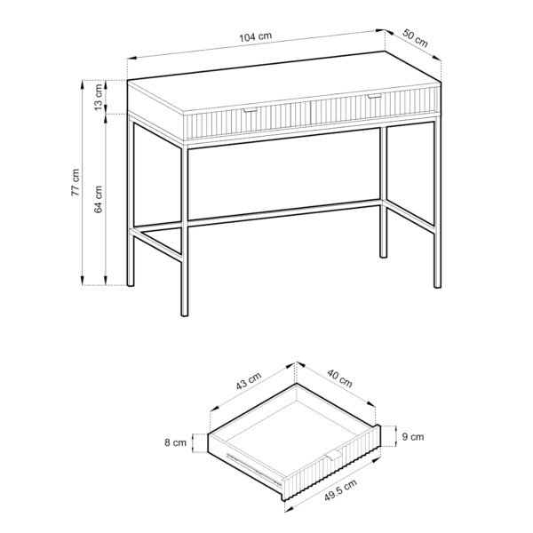 Table de nuit NANAIMO - Couleur Chêne - Poignées Noires - Deux Tiroirs - Largeur 104 cm, Hauteur 77 cm, Profondeur 50 cm – Image 3