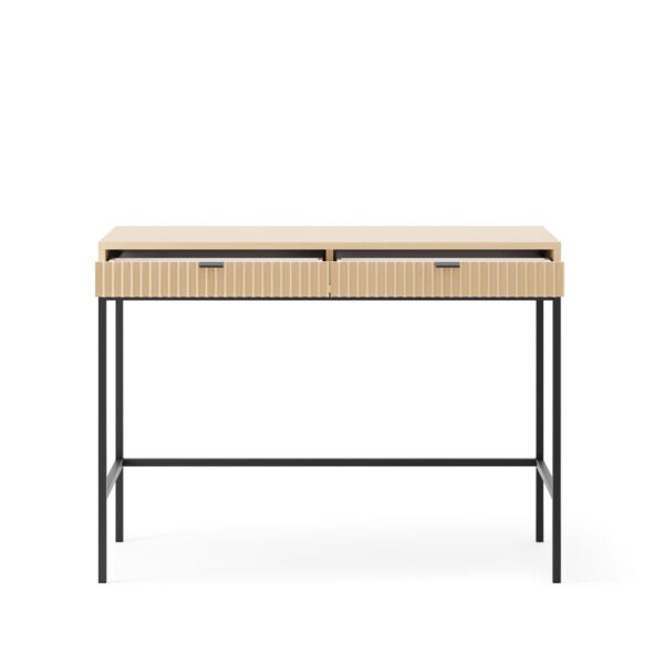 Table de nuit NANAIMO - Couleur Chêne - Poignées Noires - Deux Tiroirs - Largeur 104 cm, Hauteur 77 cm, Profondeur 50 cm – Image 4