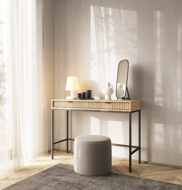 Table de nuit NANAIMO - Couleur Chêne - Poignées Noires - Deux Tiroirs - Largeur 104 cm, Hauteur 77 cm, Profondeur 50 cm – Image 6