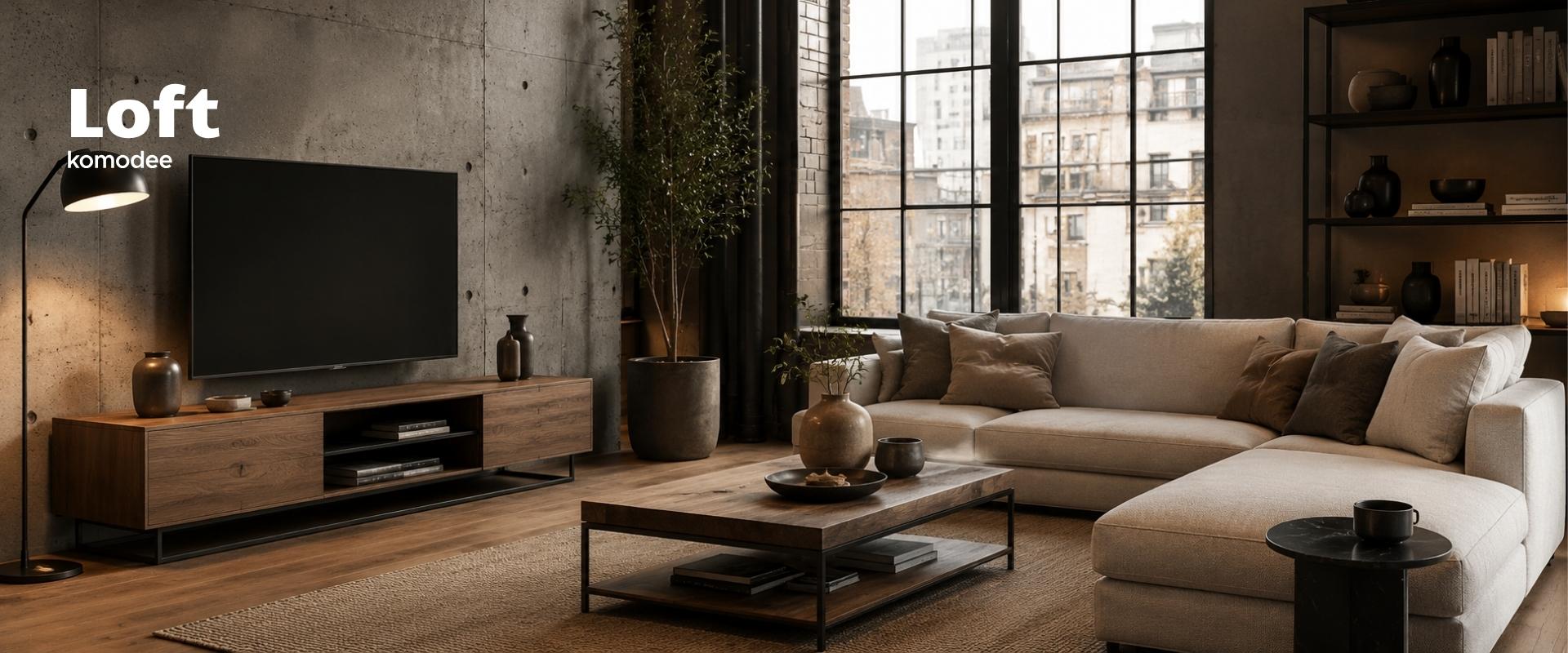 Salon loft chaleureux avec mur en béton, grandes fenêtres industrielles, canapé beige et meubles en bois aux accents noirs komodee.