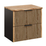 Meuble suspendu sous lavabo avec plan de travail TILO - corps noir - façades rainurées couleur chêne Wotan - 2 tiroirs - 60 x 60 x 46 cm