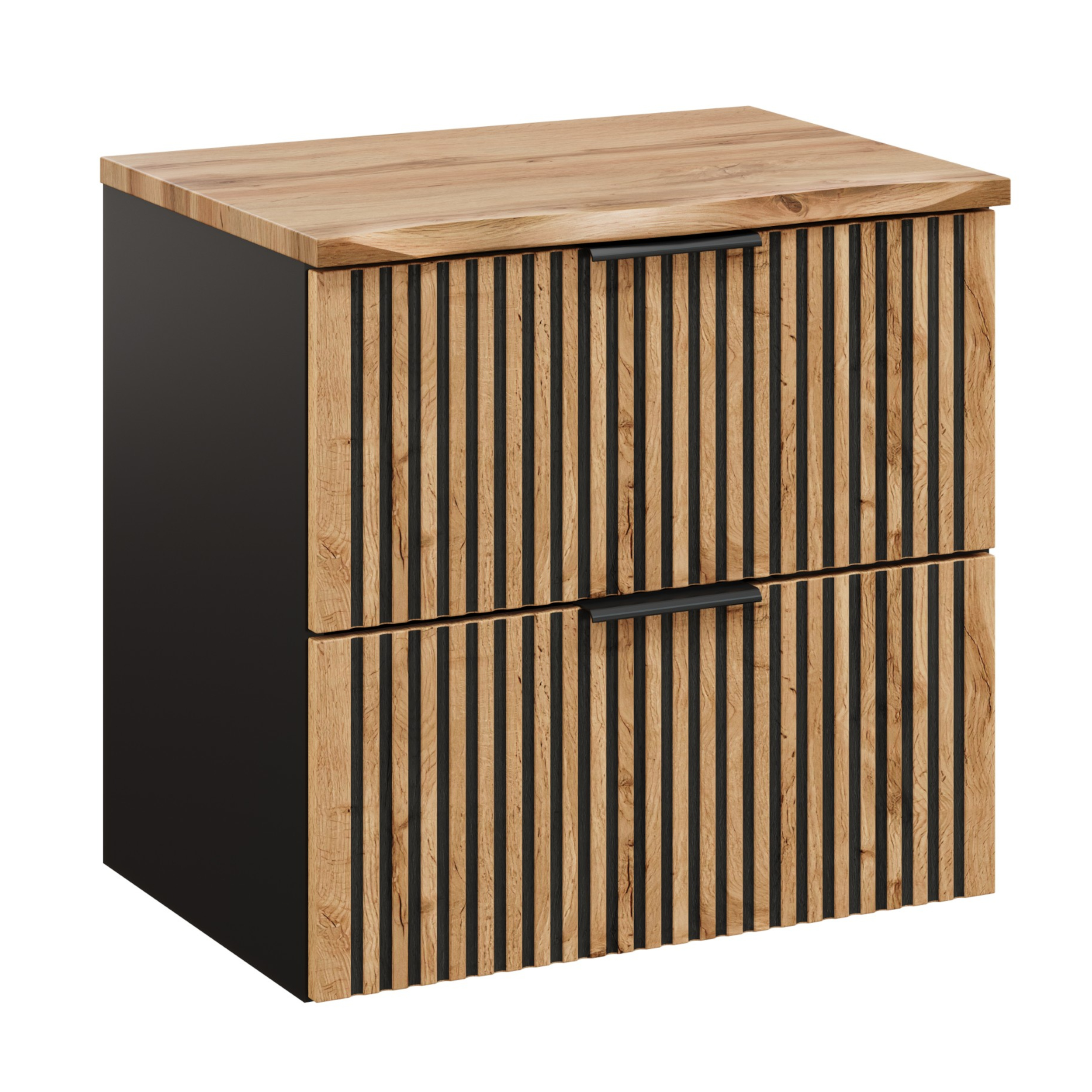 XMEBLAZSETCM00201102_00-1.jpg Meuble suspendu sous lavabo avec plan de travail TILO - corps noir - façades rainurées couleur chêne Wotan - 2 tiroirs - 60 x 60 x 46 cm – Image 1