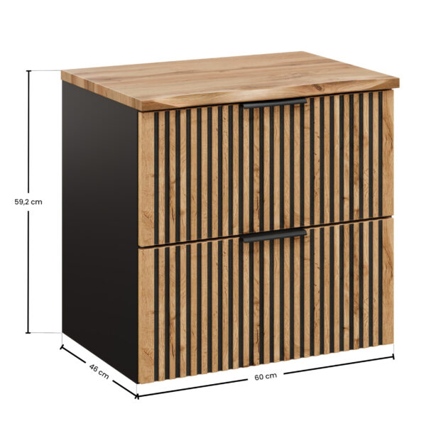 Meuble suspendu sous lavabo avec plan de travail TILO - corps noir - façades rainurées couleur chêne Wotan - 2 tiroirs - 60 x 60 x 46 cm – Image 2