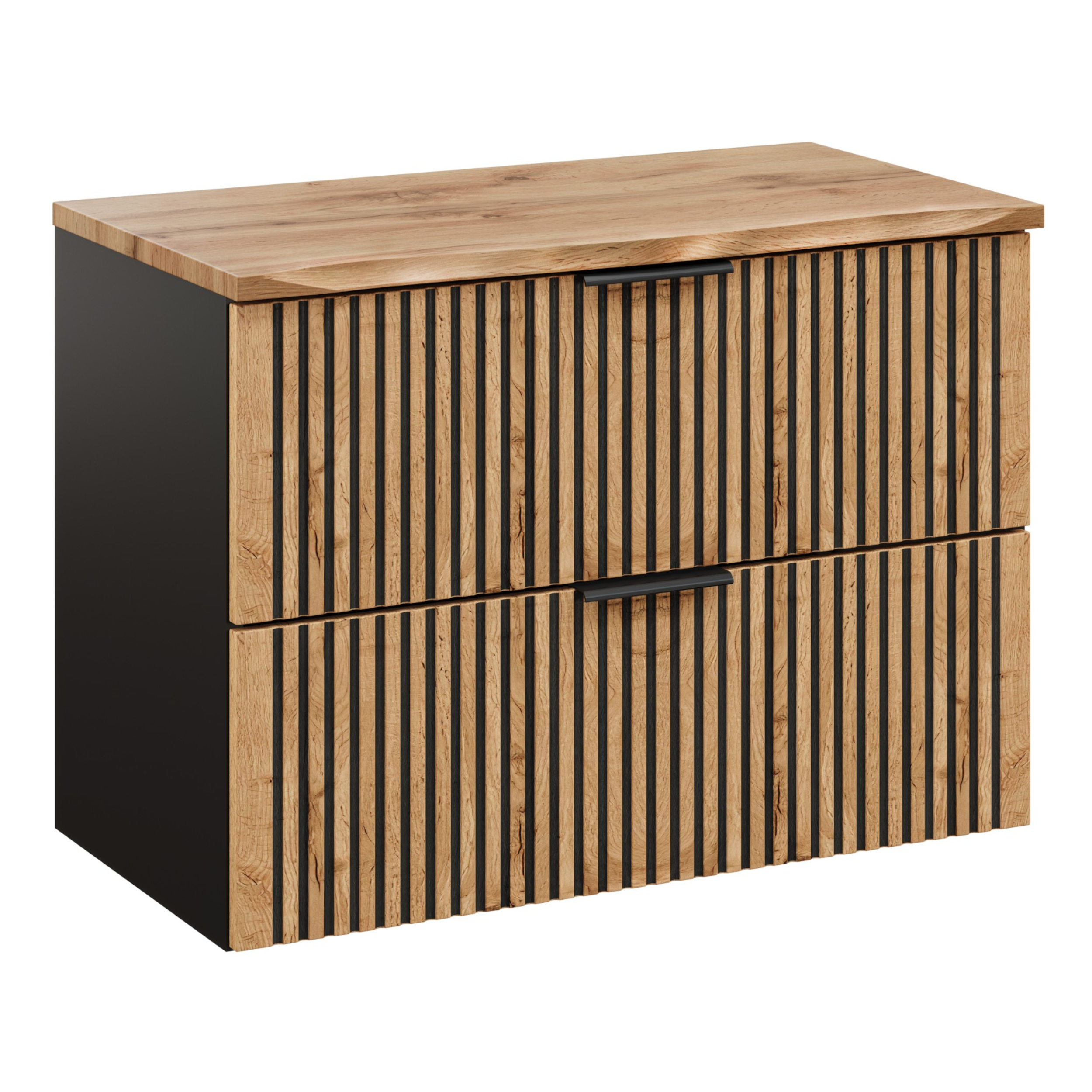 XMEBLAZSETCM00301102_00-1.jpg Meuble suspendu sous lavabo avec plan de travail TILO - corps noir - façades rainurées couleur chêne Wotan - 2 tiroirs - 80 x 60 x 46 cm – Image 1