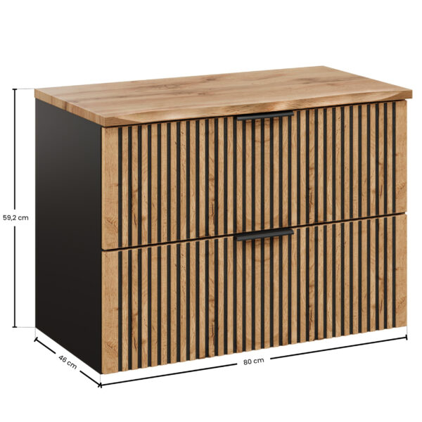 Meuble suspendu sous lavabo avec plan de travail TILO - corps noir - façades rainurées couleur chêne Wotan - 2 tiroirs - 80 x 60 x 46 cm – Image 2
