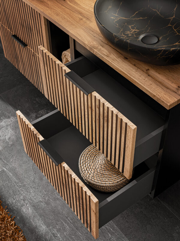Meuble suspendu sous lavabo avec plan de travail TILO - corps noir - façades rainurées couleur chêne Wotan - 2 tiroirs - 80 x 60 x 46 cm – Image 3