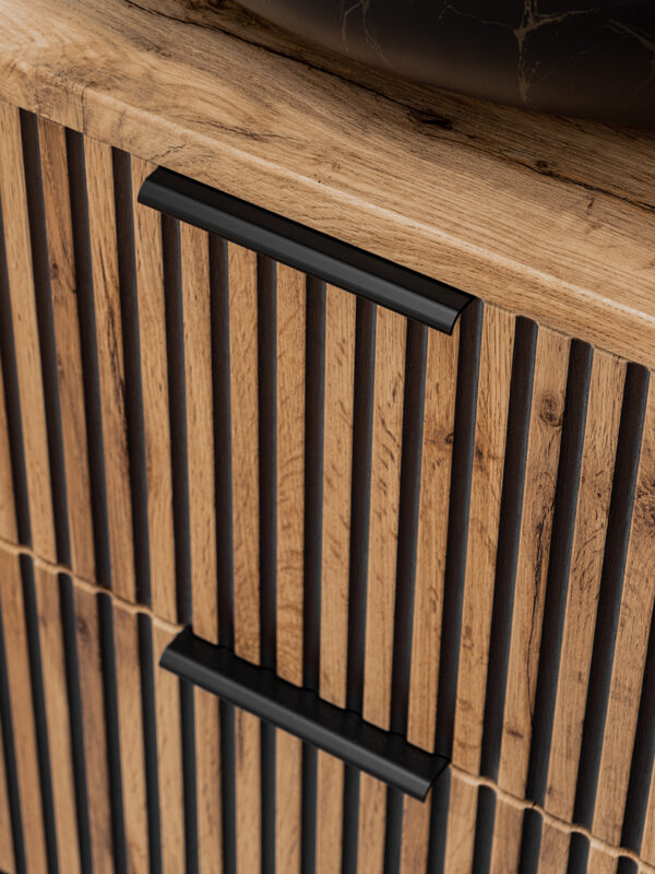 Meuble suspendu sous lavabo avec plan de travail TILO - corps noir - façades rainurées couleur chêne Wotan - 2 tiroirs - 80 x 60 x 46 cm – Image 4