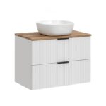 Meuble suspendu avec lavabo et plan de travail ADEN - blanc - plan de travail couleur chêne Wotan - 2 tiroirs - 80 x 75 x 46 cm