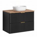 Meuble suspendu avec lavabo et plan de travail ADEN - noir - plan de travail couleur chêne Wotan - 2 tiroirs - 80 x 75 x 46 cm