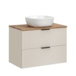 Meuble suspendu avec lavabo et plan de travail ADEN - cachemire - plan de travail couleur chêne Wotan - 2 tiroirs - 80 x 75 x 46 cm