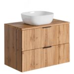 Meuble suspendu avec lavabo et plan de travail ADEN - chêne Wotan - façades rainurées - 2 tiroirs - 80 x 75 x 46 cm