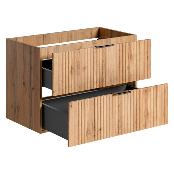 Meuble suspendu avec lavabo et plan de travail ADEN - chêne Wotan - façades rainurées - 2 tiroirs - 80 x 75 x 46 cm – Image 3