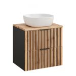 Meuble suspendu avec lavabo et plan de travail TILO - corps noir - façades rainurées couleur chêne Wotan - 2 tiroirs - 60 x 75 x 46 cm