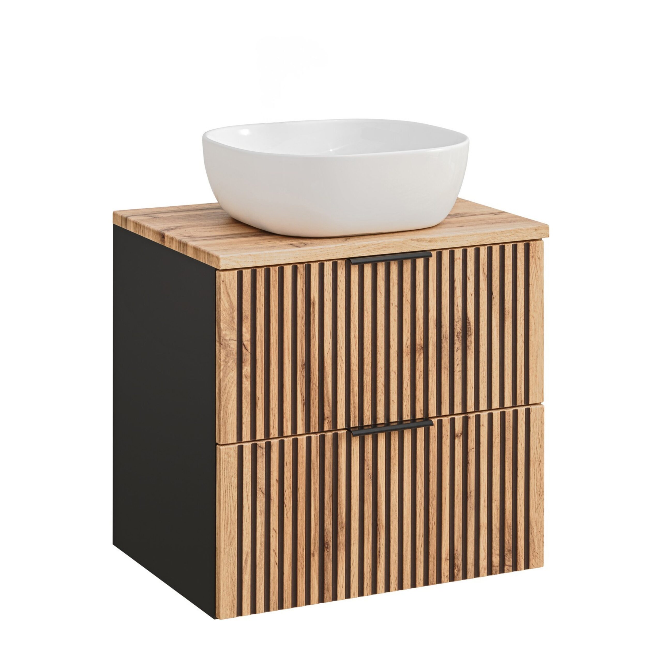 XMEBLAZSETCM00501103_00-1.jpg Meuble suspendu avec lavabo et plan de travail TILO - corps noir - façades rainurées couleur chêne Wotan - 2 tiroirs - 60 x 75 x 46 cm – Image 1