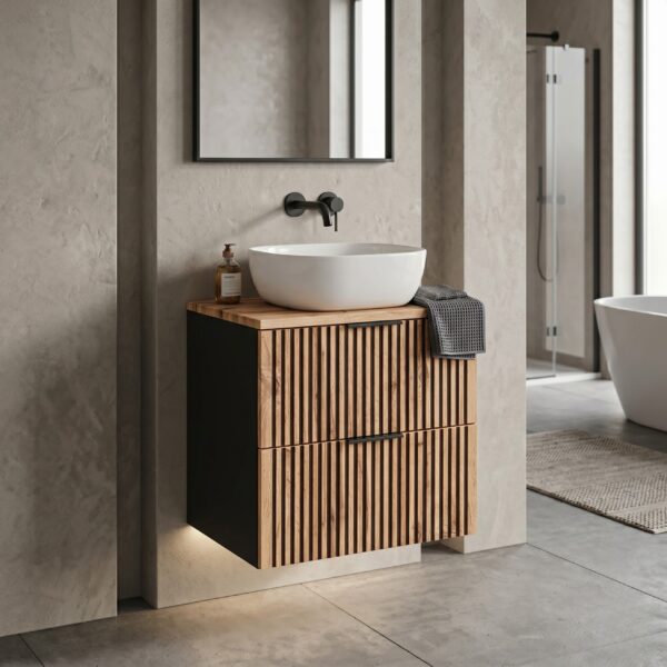 Meuble suspendu avec lavabo et plan de travail TILO - corps noir - façades rainurées couleur chêne Wotan - 2 tiroirs - 60 x 75 x 46 cm – Image 2