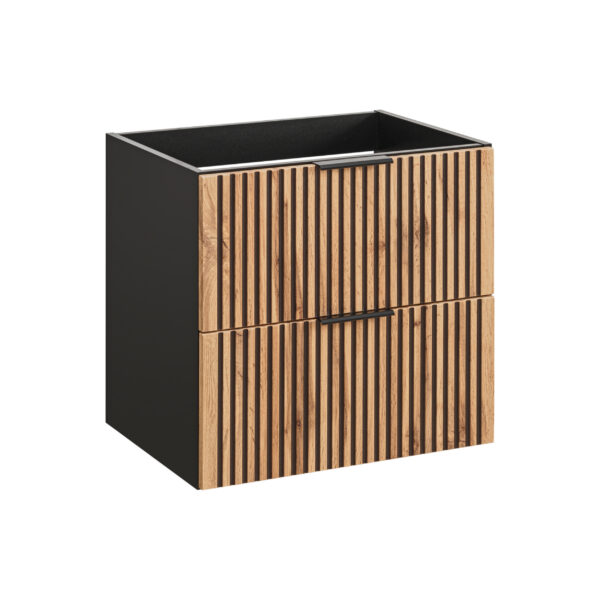 Meuble suspendu avec lavabo et plan de travail TILO - corps noir - façades rainurées couleur chêne Wotan - 2 tiroirs - 60 x 75 x 46 cm – Image 5