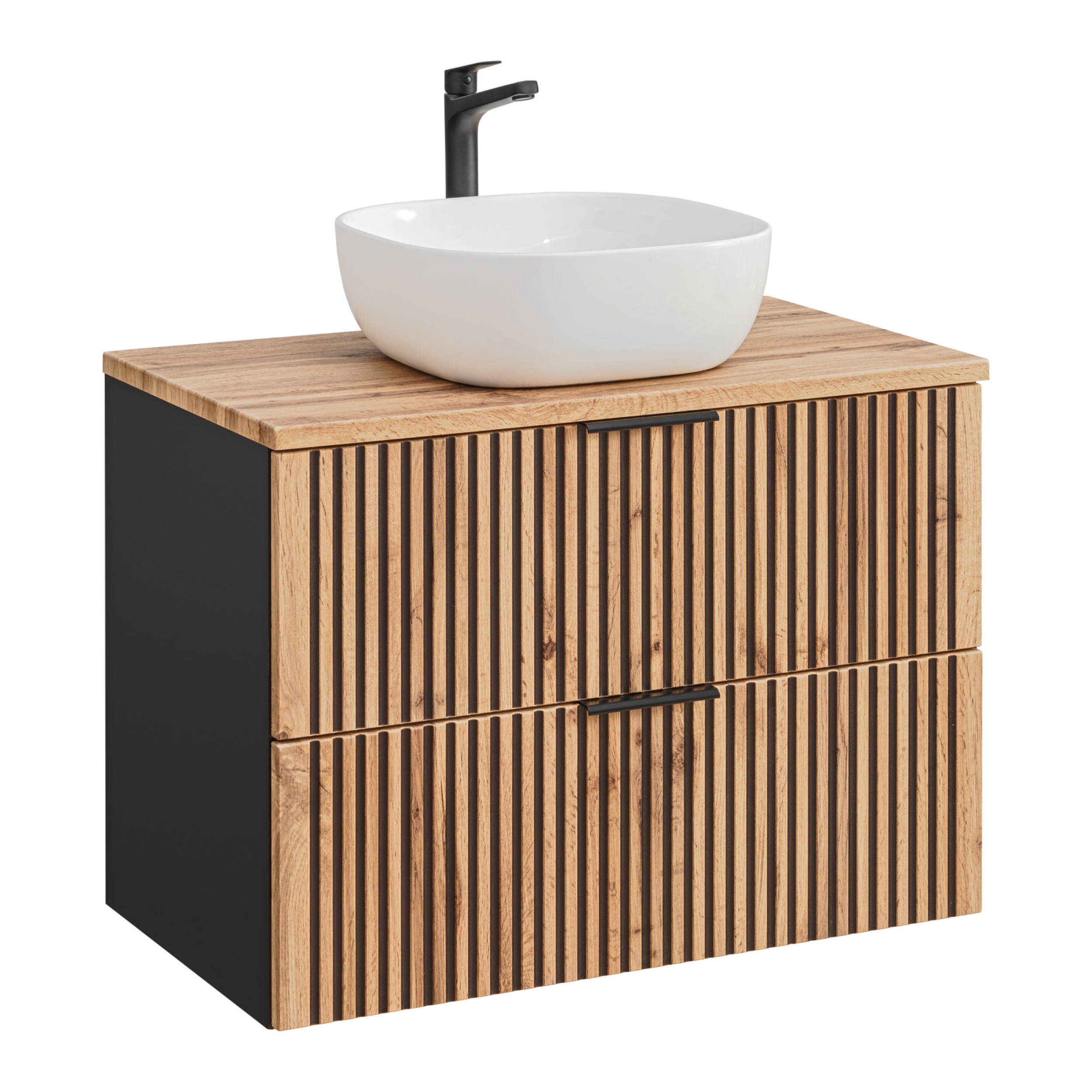 XMEBLAZSETCM00601103_00-1.jpg Meuble suspendu avec lavabo et plan de travail TILO - corps noir - façades rainurées couleur chêne Wotan - 2 tiroirs - 80 x 75 x 46 cm – Image 1