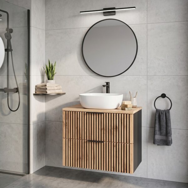 Meuble suspendu avec lavabo et plan de travail TILO - corps noir - façades rainurées couleur chêne Wotan - 2 tiroirs - 80 x 75 x 46 cm – Image 2
