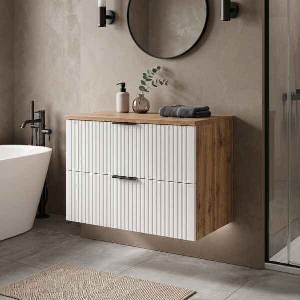 Meuble suspendu sous lavabo avec plan de travail ADEN - blanc - plan de travail couleur chêne Wotan - 2 tiroirs - 80 x 60 x 46 cm – Image 2