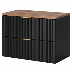 Meuble suspendu sous lavabo avec plan de travail ADEN - noir - plan de travail couleur chêne Wotan - 2 tiroirs - 80 x 60 x 46 cm