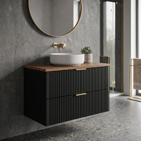 Meuble suspendu sous lavabo avec plan de travail ADEN - noir - plan de travail couleur chêne Wotan - 2 tiroirs - 80 x 60 x 46 cm – Image 2