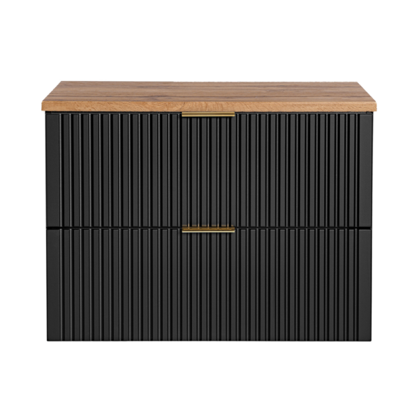 Meuble suspendu sous lavabo avec plan de travail ADEN - noir - plan de travail couleur chêne Wotan - 2 tiroirs - 80 x 60 x 46 cm – Image 4