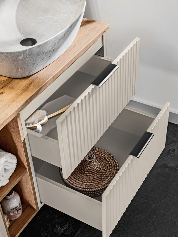Meuble suspendu sous lavabo avec plan de travail ADEN - cachemire - plan de travail couleur chêne Wotan - 2 tiroirs - 80 x 60 x 46 cm – Image 5