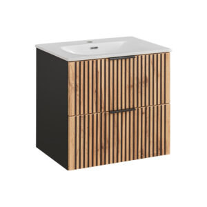 Meuble suspendu avec lavabo et siphon TILO - corps noir - façades rainurées couleur chêne Wotan - 2 tiroirs - 60 x 60 x 46 cm