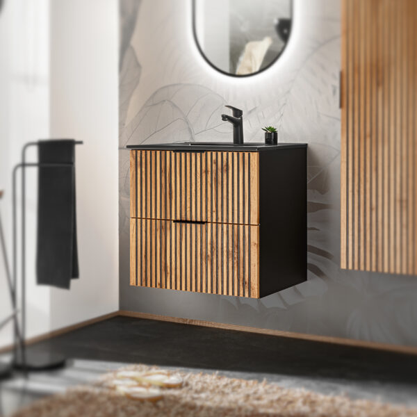 Meuble suspendu avec lavabo et siphon TILO - corps noir - façades rainurées couleur chêne Wotan - 2 tiroirs - 60 x 60 x 46 cm – Image 2