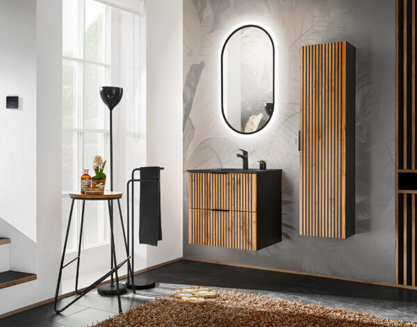 Meuble suspendu avec lavabo et siphon TILO - corps noir - façades rainurées couleur chêne Wotan - 2 tiroirs - 60 x 60 x 46 cm – Image 4