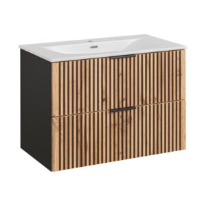 Meuble suspendu avec lavabo et siphon TILO - corps noir - façades rainurées couleur chêne Wotan - 2 tiroirs - 80 x 60 x 46 cm