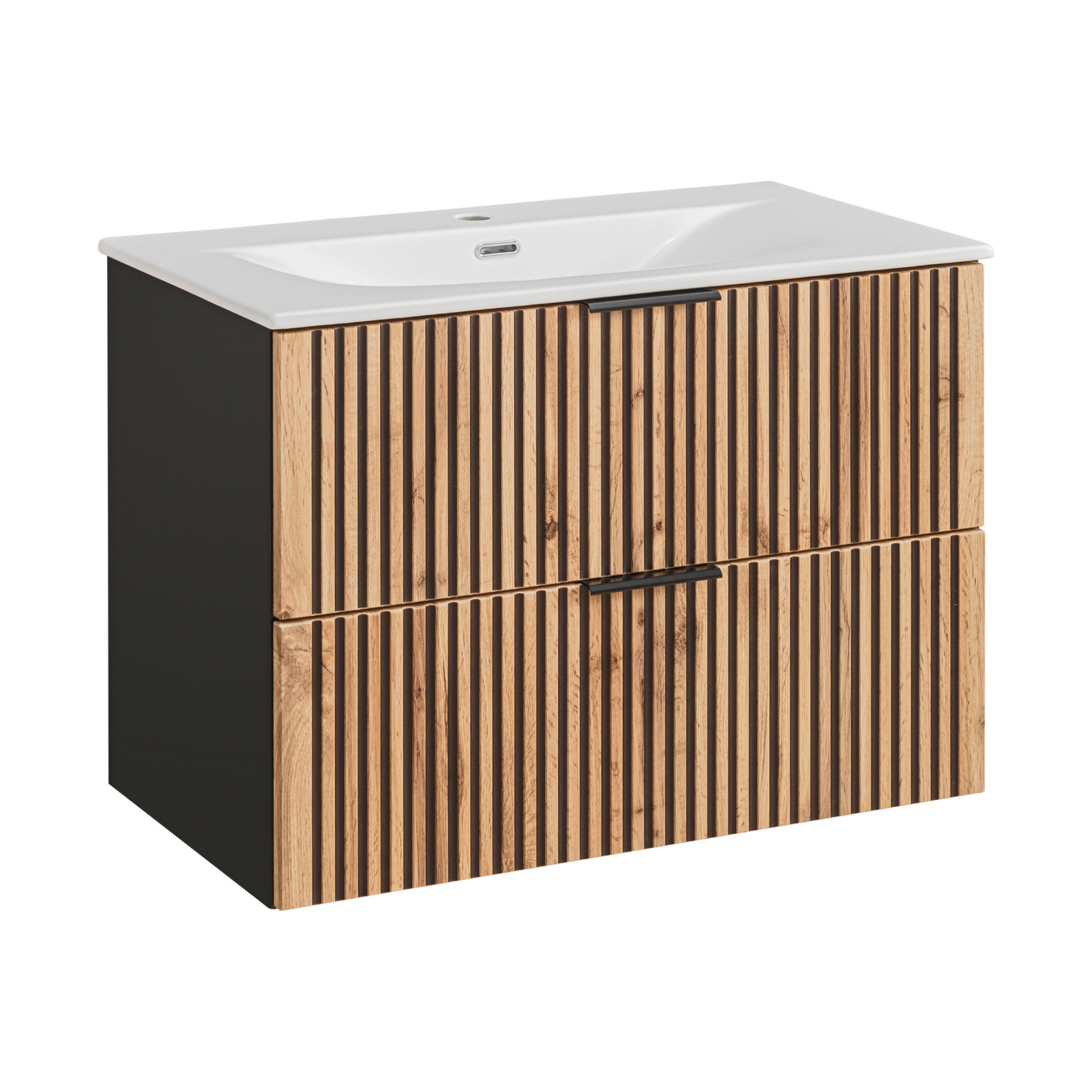 XMEBLAZSETCM00901103_00-1.jpg Meuble suspendu avec lavabo et siphon TILO - corps noir - façades rainurées couleur chêne Wotan - 2 tiroirs - 80 x 60 x 46 cm – Image 1