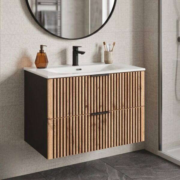 Meuble suspendu avec lavabo et siphon TILO - corps noir - façades rainurées couleur chêne Wotan - 2 tiroirs - 80 x 60 x 46 cm – Image 2